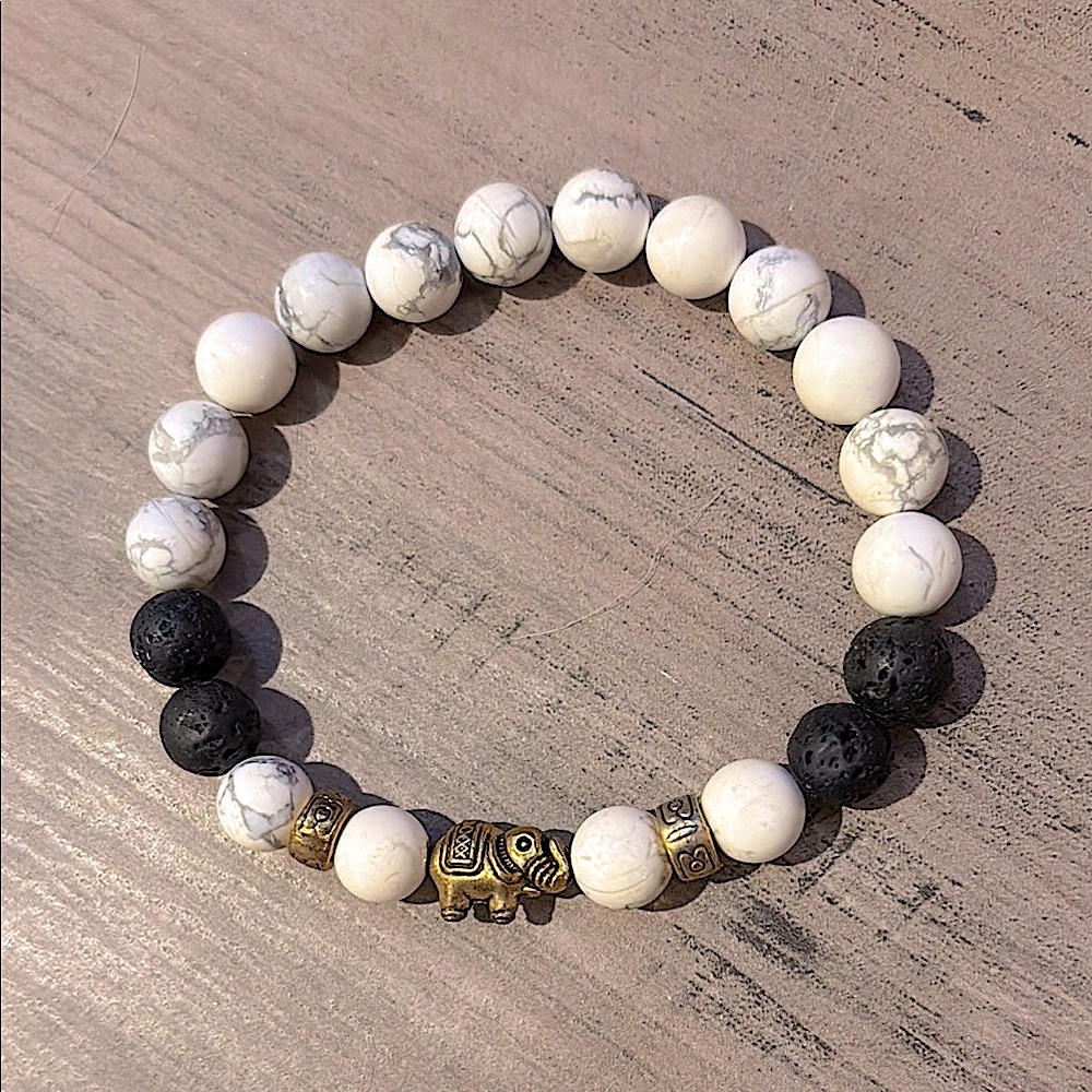 Howlite and Lava Rock Elephant Bracelet